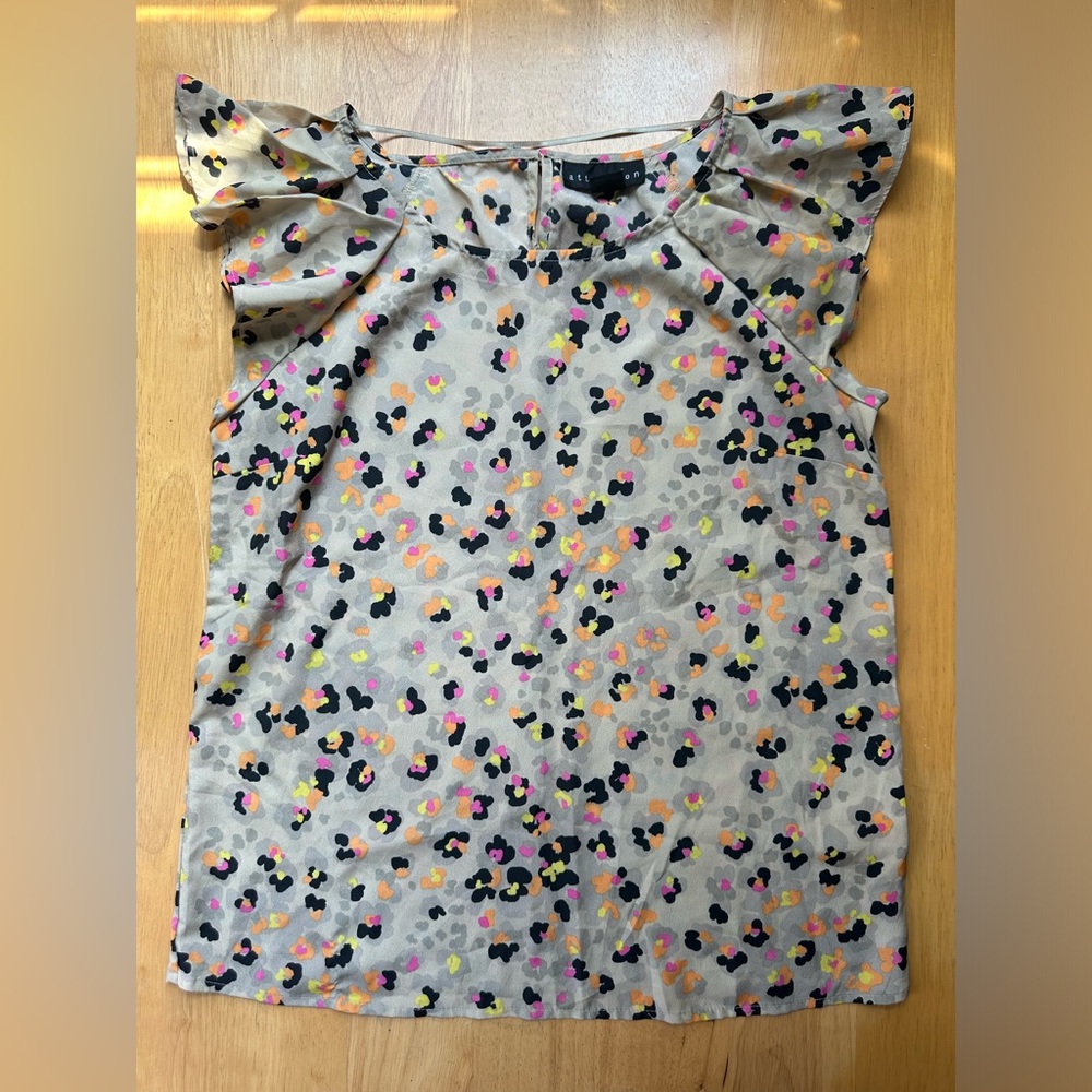 Attention Leopard Animal Print Ruffle Sleeve Top in Tan/Orange/Pink - Size Small